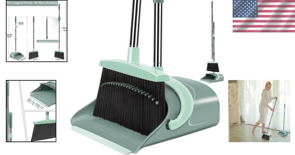Stylish Gray & Green Broom and Dustpan Set - Efficient Home Cleaning Solution