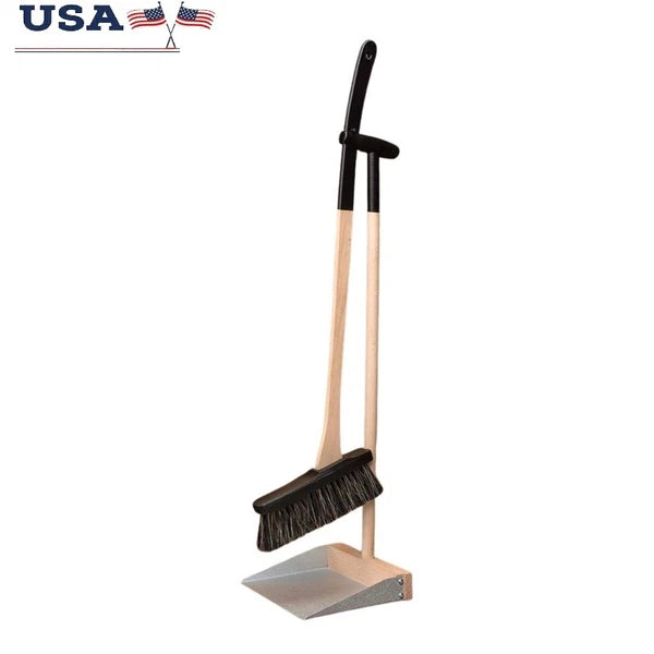 Standing Broom Dustpan Set W/ Long Beechwood Handles Natural Horsehair Bristles