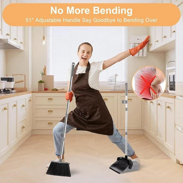Adjustable Long Handle Broom Dustpan Set Ergonomic Easy Clean Pet Hair New