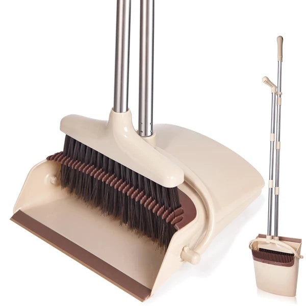 Broom and Dustpan Set with Long Handle Light Weight Stainless Steel Poles Sta...