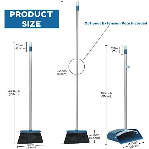 Standing Dustpan and Broom Set with 52" Long Extendable Handle for Navy Blue