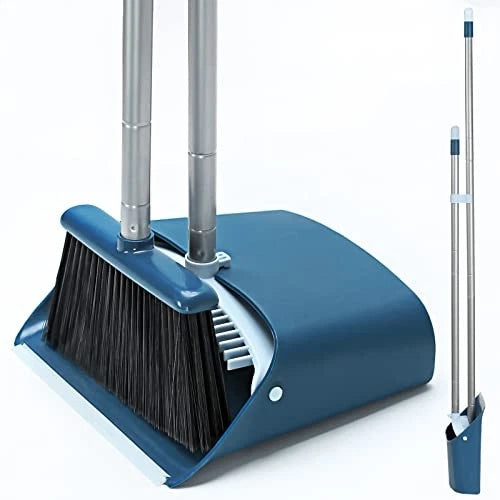 Standing Dustpan and Broom Set with 52" Long Extendable Handle for Navy Blue