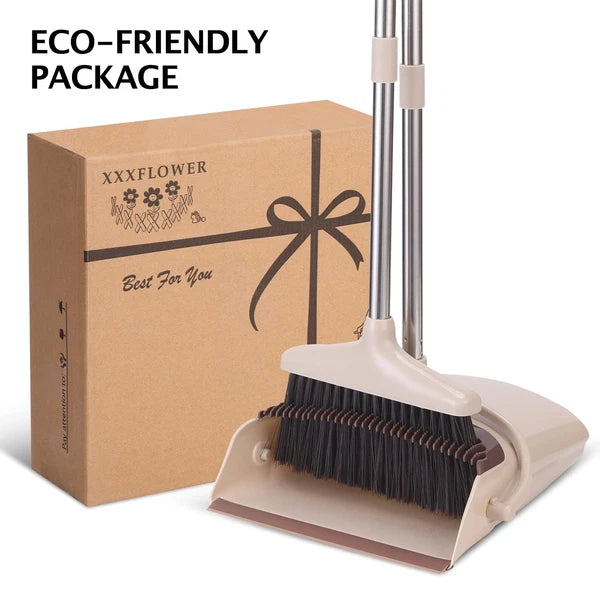 Broom and Dustpan Set with Long Handle Light Weight Stainless Steel Poles Sta...