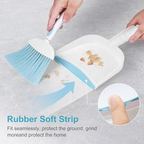 Small Dust Pan and Brush Set, Mini Broom and Dustpan Set Small Hand Broom Blue
