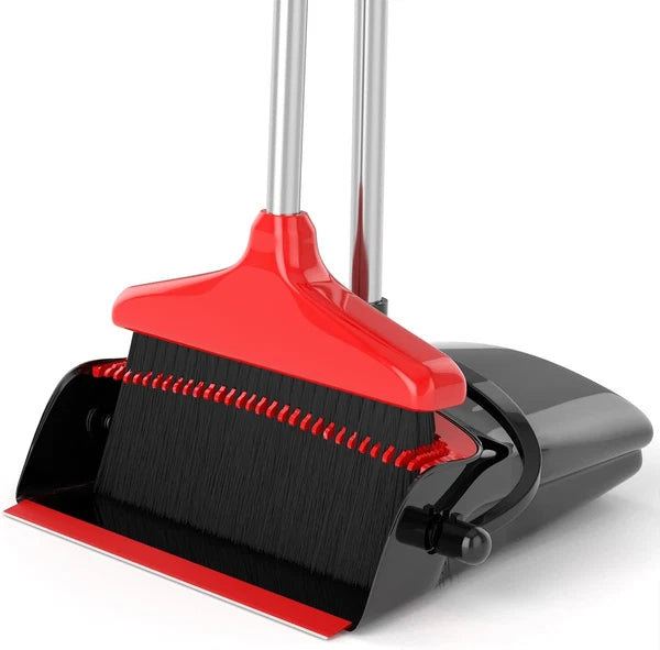 Broom with Dustpan Combo Set 54" Long Handle Adjustable Length Black and Red