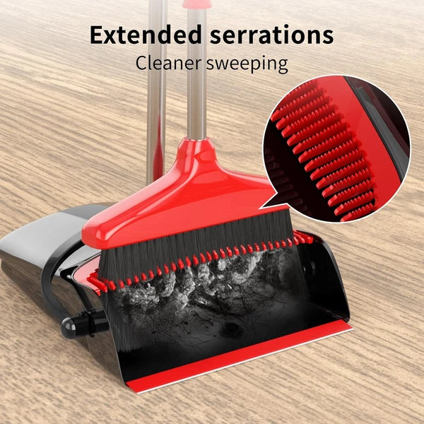 Broom with Dustpan Combo Set 54" Long Handle Adjustable Length Black and Red