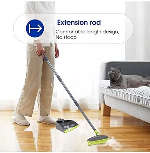 Adjustable Rubber Push Broom and Dustpan Set,Self Cleaning Indoor Outdoor Ang...