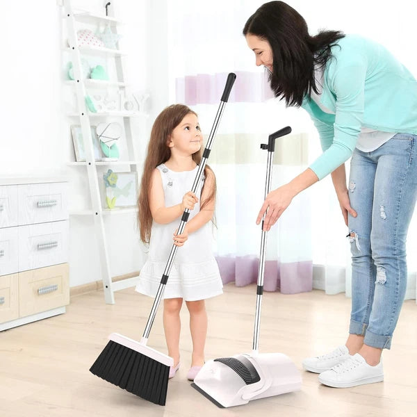 Broom and Dustpan Set - Adjustable Handle, Upright Standing, White, Black