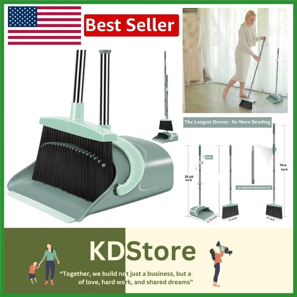 Stylish Gray & Green Broom and Dustpan Set - Efficient Home Cleaning Solution