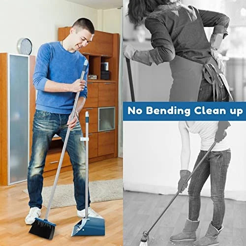 Standing Dustpan and Broom Set with 52" Long Extendable Handle for Navy Blue